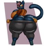  anthro baseball_bat bat_(object) big_breasts big_butt blue_body bottomwear breasts butt clothing domestic_cat felid feline felis female geebie33 hair hi_res huge_breasts huge_butt looking_back mae_borowski mammal night_in_the_woods pants red_eyes red_hair shirt solo thick_thighs topwear whiskers wide_hips 