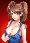  1girl albyee alternate_costume blue_shirt breasts brown_eyes brown_hair cleavage clothes_pull collarbone commentary commission english_commentary eyelashes gradient_background kujikawa_rise large_breasts lips long_hair looking_at_viewer parted_bangs parted_lips persona persona_4 red_background shiny_skin shirt shirt_pull sideboob sidelocks signature sleeveless sleeveless_shirt solo swept_bangs twintails upper_body 