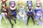  5girls :p absurdres ahoge amber_(genshin_impact) arm_support bare_shoulders black_dress black_pantyhose blonde_hair blue_bow blue_hair bodystocking boots bow breasts brown_hair cleavage commentary_request cone_hair_bun detached_sleeves dress ganyu_(genshin_impact) genshin_impact gloves gradient_hair grass hair_bun hair_ribbon high_heels highres horns keqing_(genshin_impact) large_breasts long_hair looking_at_viewer lumine_(genshin_impact) multicolored_hair multiple_girls off-shoulder_dress off_shoulder orange_eyes pantyhose pink_hair purple_eyes purple_hair red_ribbon ribbon sangonomiya_kokomi sitting smile strapless strapless_dress thigh_boots thighhighs tongue tongue_out very_long_hair white_dress white_footwear white_gloves white_thighhighs wow+ yellow_eyes 