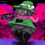  &lt;3 anthro axoarts balls belly big_butt black_body black_fur blush blush_lines bovid butt caprine clothing deltarune digital_media_(artwork) eyewear front_view fur genitals glasses goat grass green_clothing green_hat green_headwear green_robe half-closed_eyes hat hat_ribbon headgear headwear legwear male mammal narrowed_eyes navel outside penis pink_scarf plant ralsei robe scarf small_balls small_penis solo standing teeth thick_thighs thigh_highs tongue tree undertale_(series) white_eyes white_ribbon 