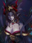  1girl black_hair breasts cleavage demon demon_girl digimon digimon_(creature) fallen_angel hair_ornament highres large_breasts lilithmon lilithmon_x-antibody looking_at_viewer medium_hair pointy_ears solo thousand_13 upper_body wings yellow_eyes 