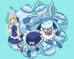  1girl alternate_costume blonde_hair blue_eyes clothed_pokemon commentary_request cup dress enmaided eyelashes frills glaceon hand_up highres irida_(pokemon) maid maid_headdress open_mouth pantyhose pink_footwear pokemon pokemon_(creature) pokemon_(game) pokemon_legends:_arceus raised_eyebrows shoes short_hair short_sleeves sutokame teacup teapot white_pantyhose 