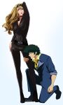  absurdres blonde_hair blunt_bangs breasts catsuit cleavage couple cowboy_bebop green_hair highres julia_(cowboy_bebop) leather non-web_source spike_spiegel 