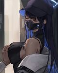  1girl 1other bare_shoulders baseball_cap black_hair black_headwear black_shirt blue_archive breasts chihunhentai closed_eyes coat commentary commission grabbing grabbing_another&#039;s_breast halo hat highres large_breasts long_hair long_sleeves mask mouth_mask off_shoulder open_clothes open_coat saori_(blue_archive) shirt sleeveless sleeveless_shirt solo_focus white_coat 