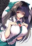  1girl absurdres bird_wings black_hair black_wings blush bow breasts buttons collared_shirt feathered_wings green_bow green_skirt hair_between_eyes hair_bow highres large_breasts long_hair open_mouth red_eyes reiuji_utsuho sakurame shirt simple_background skirt solo third_eye touhou upper_body white_background white_shirt wings 