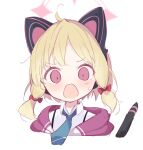  1girl ahoge animal_ear_headphones animal_ears blonde_hair blue_archive blue_necktie blush bow cat_ear_headphones cat_tail collared_shirt cropped_shoulders fake_animal_ears hair_bow halo headphones kyuukon_(qkonsan) momoi_(blue_archive) necktie open_mouth parted_bangs pink_eyes pink_halo red_bow shirt short_hair solo surprised suspenders sweatdrop tail tail_raised white_shirt wide-eyed 