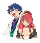  1boy 1girl :d bare_shoulders blue_eyes blue_hair blue_necktie breasts cleavage clenched_teeth commentary_request jacket lain_paterson leos_vincent long_hair looking_at_viewer miy_(miy_0312) necktie nijisanji off_shoulder open_mouth pouch red_eyes red_hair short_hair simple_background smile strapless suspenders teeth tube_top upper_body white_background white_jacket 