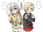  3girls :d black_hoodie blush bow braid brown_eyes drawstring food_print green_shirt grey_hair hair_between_eyes hair_bow hair_over_one_eye hands_up highres hood hood_down hoodie hoshi_syoko idolmaster idolmaster_cinderella_girls koshimizu_sachiko light_brown_hair long_hair long_sleeves multiple_girls mushroom_print pink_bow pleated_skirt print_shirt puffy_long_sleeves puffy_sleeves red_skirt shirasaka_koume shirt short_sleeves simple_background single_braid skirt smile translation_request very_long_hair white_background white_skirt wide_sleeves yukie_(kusaka_shi) 