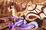  2023 black_horn dragon duo english_text female feral genitals hi_res horn inno-sjoa male male/female membrane_(anatomy) membranous_wings multicolored_wings pawpads pink_pawpads purple_body purple_horn purple_scales pussy scales scalie signature text wings yellow_body yellow_scales 