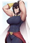  1girl absurdres arms_behind_head arms_up bare_shoulders black_hair blue_bodysuit blue_eyes bodysuit boku_no_hero_academia breasts cape covered_abs covered_navel gloves hair_between_eyes highres large_breasts long_hair looking_at_viewer muscular muscular_female parted_lips shimura_nana signature sleeveless sleeveless_bodysuit smile solo speedl00ver taut_bodysuit waist_cape white_cape yellow_gloves 