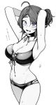  1girl :d absurdres ahoge armpits arms_up blue_eyes blush braid breasts choker cleavage collarbone cow cowboy_shot genderswap genderswap_(mtf) grey_theme highres indie_virtual_youtuber kushizaki_(vtuber) large_breasts looking_at_viewer monochrome navel open_mouth ribbon ribbon_choker short_hair simple_background smile solo st_(youx1119) swept_bangs translation_request venus_symbol white_background 