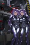  2girls against_railing armored_bodysuit blue_bodysuit blue_eyes blush bodysuit breasts character_request commentary_request covered_navel covered_nipples fortified_suit half-closed_eyes hangar headgear impossible_bodysuit impossible_clothes kurione_(zassou) long_hair looking_at_viewer mecha medium_breasts mole mole_under_mouth multiple_girls muv-luv muv-luv_alternative ponytail purple_hair railing robot shiny_clothes standing 