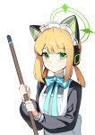  1girl animal_ear_headphones animal_ears apron black_dress blonde_hair blue_archive blue_bow blue_bowtie bow bowtie cat_ear_headphones closed_mouth dress fake_animal_ears green_eyes halo headphones hi_i_dubu highres long_sleeves looking_at_viewer maid maid_headdress medium_hair midori_(blue_archive) midori_(maid)_(blue_archive) short_twintails sidelocks simple_background solo twintails upper_body white_apron white_background 