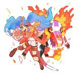  1girl black_sclera blue_hair colored_sclera fire fire_bird_(skeledirge) fire_miku_(project_voltage) full_body hair_between_eyes hatsune_miku highres holding jacket long_hair long_sleeves multicolored_hair nose open_clothes open_jacket open_mouth pokemon pokemon_(creature) project_voltage purple_hair red_hair shorts simple_background skeledirge teeth twintails upper_teeth_only v vocaloid white_background yamifuti yellow_eyes 