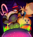  2023 anthro areola balls_outline big_breasts breasts canid canine cauldron clothing colored genital_outline gynomorph hat headgear headwear hi_res huge_breasts intersex kirbot12 mammal thick_thighs witch_hat 