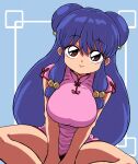 1girl bell blue_hair breasts china_dress chinese_clothes closed_mouth double_bun dress hair_bell hair_bun hair_ornament highres large_breasts long_hair looking_at_viewer musasi1218 ranma_1/2 shampoo_(ranma_1/2) smile solo 