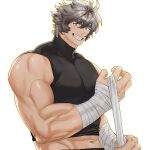  1boy absurdres bandaged_hand bandages bara bare_arms biceps brown_eyes grey_hair grin hair_between_eyes highres large_hands large_pectorals looking_at_viewer male_focus midriff_peek muscular muscular_male navel original pectorals shirt short_hair sleeveless sleeveless_shirt smile solo takayakaiti_(tk049ccn) taut_clothes taut_shirt thick_eyebrows upper_body white_background 