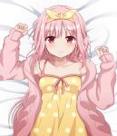  bare_shoulders bed_sheet blunt_bangs bow collarbone comfy dot_nose hair_bow highres kokubou_(nanamikeiroha) long_sleeves magia_record:_mahou_shoujo_madoka_magica_gaiden magical_girl mahou_shoujo_madoka_magica messy_hair pajamas pink_eyes pink_hair shoulder_blush sleepwear sleepy tamaki_iroha yellow_pajamas 