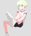  1boy alternate_costume black_shorts blonde_hair closed_mouth earrings feet foot_focus grey_background invisible_chair jewelry knee_up lio_fotia male_focus no_shoes ns1123 otoko_no_ko promare purple_eyes shirt short_hair shorts simple_background sitting sock_pull socks soles solo t-shirt toes triangle_earrings white_shirt white_socks 