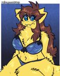  absurd_res anthro big_breasts blue_background blue_bra blue_clothing blue_eyes blue_panties blue_sclera blue_underwear blush blush_lines bra breasts brown_hair cheek_tuft chest_tuft cleavage clothed clothing eyelashes facial_tuft female fur generation_5_pokemon hair hi_res joltik long_hair navel nintendo panties pokemon pokemon_(species) princessnapped simple_background solo thick_thighs tuft underwear wide_hips yellow_body yellow_fur 
