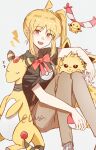  1girl 3others ahoge ampharos black_shirt blonde_hair bocchi_the_rock! bow bowtie braid braided_ponytail brown_pants canis428 chingling collared_shirt flat_chest highres holding holding_poke_ball ijichi_nijika jolteon lightning_bolt_symbol looking_at_viewer multiple_others orange_eyes pants poke_ball poke_ball_print polka_dot_bowtie red_bow red_bowtie shirt short_sleeves side_ponytail sidelocks signature sitting socks suspenders white_background white_socks yellow_theme zzz 