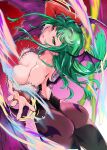  1girl animal_print ass backless_outfit bare_shoulders bat_print bat_wings breasts bridal_gauntlets floating_hair green_eyes green_hair head_wings highres long_hair looking_at_viewer looking_back morrigan_aensland pantyhose purple_pantyhose vampire_(game) wings yuu_(primenumber7) 