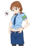  1girl belly belly_grab belt black_belt black_pantyhose blue_necktie blue_shirt blue_skirt blush bow breasts brown_eyes brown_hair closed_mouth cowboy_shot green_sash hair_bow highres idolmaster idolmaster_cinderella_girls idolmaster_cinderella_girls_starlight_stage katagiri_sanae large_breasts long_hair looking_down low_twintails midriff_peek navel necktie pantyhose pencil_skirt police police_uniform policewoman sash shinashina shirt short_sleeves short_twintails simple_background skirt solo speech_bubble standing sweatdrop twintails uniform white_background yellow_bow 
