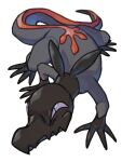  absurdres animal_focus blurry commentary_request fang full_body grey_eyes highres lizard no_humans pokemon pokemon_(creature) raid_(donghyeok) salandit simple_background skin_fang solo white_background 