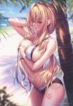  1girl absurdres arm_behind_head arm_up bare_shoulders beach bikini blonde_hair blue_eyes blue_sky blurry blurry_background blush breasts cloud day hanikami_kanojo highres holding jewelry long_hair medium_breasts navel necklace ocean open_mouth outdoors palm_tree piromizu scan shadow shoudou_erena simple_background sky solo stomach swimsuit thighs tree water water_drop wet 