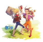  2boys asatori_(ekisuzikara) belt black_vest block_(object) blonde_hair book boots brown_gloves brown_hair closed_eyes club_(weapon) denim double_high_five dragon_quest dragon_quest_builders_2 gloves grass holding holding_weapon jeans jewelry male_builder_(dqb2) multiple_boys necklace open_clothes open_shirt pants red_gloves red_scarf scarf shirt sidoh_(dqb2) slime_(dragon_quest) smile spiked_hair teeth tooth_necklace upper_teeth_only vest weapon white_background white_shirt 