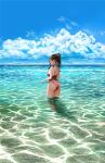  1girl ^_^ absurdres ass bare_arms bare_shoulders black_hair blue_sky breasts closed_eyes cloud cloudy_sky day facing_viewer from_behind gibun_(sozoshu) grin highres horizon light_blush medium_breasts ocean one-piece_swimsuit original outdoors pink_one-piece_swimsuit pink_scrunchie ponytail print_swimsuit scenery scrunchie shoulder_blades sky smile solo summer swimsuit turning_head wet wet_hair 