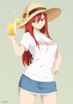  1girl absurdres alternate_costume blue_skirt breasts brown_eyes casual closed_mouth cowboy_shot cup denim denim_skirt disposable_cup drinking_straw erza_scarlet fairy_tail flower food fruit hand_on_own_hip hat hat_ornament highres holding holding_cup juice large_breasts long_hair looking_at_viewer orange_(fruit) orange_slice print_shirt red_hair shirt signature simple_background skirt smile solo stayaliveplz sun_hat sunflower t-shirt thighs white_shirt 