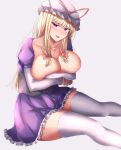  1girl absurdres areola_slip blonde_hair blush bow breasts commentary_request covering covering_breasts dress elbow_gloves feet_out_of_frame frilled_dress frills gloves grey_background hair_bow hat hat_ribbon highres large_breasts looking_at_viewer mirufui mob_cap pink_eyes purple_dress purple_eyes red_bow red_ribbon ribbon short_sleeves sidelocks simple_background sitting solo sweat thighhighs touhou white_gloves white_headwear white_thighhighs yakumo_yukari 