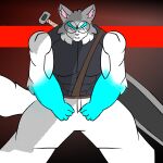  absurd_res angry anthro big_pecs blue_eyes buster_sword canid canine canis hi_res male mammal melee_weapon muscular muscular_male novathesilverwolf novauwu8 pecs solo sword weapon wolf 