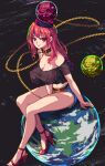  1girl bare_legs bare_shoulders black_choker black_shirt blush breasts chain choker cleavage covered_nipples crop_top earth_(ornament) earth_(planet) from_side full_body full_moon hat hecatia_lapislazuli high_heels leaning_forward long_hair looking_at_viewer midriff miniskirt moon moon_(ornament) navel no_bra off-shoulder_shirt off_shoulder pixel_art planet puck100ml red_eyes red_hair see-through see-through_shirt shirt sitting sitting_on_object sitting_on_rock skirt smile solo thighs touhou 