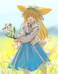  1girl animal_ears arknights blonde_hair blue_hairband blue_skirt blurry blurry_background cardigan closed_eyes colored_tips commentary cross-laced_clothes cross-laced_skirt cross-laced_slit depth_of_field feet_out_of_frame flower fox_ears fox_girl fox_tail frilled_hairband frills hairband high-waist_skirt holding holding_flower kitsune kyuubi long_hair long_sleeves mikeneko90 multicolored_hair multiple_tails neck_ribbon official_alternate_costume open_cardigan open_clothes open_mouth outdoors puffy_long_sleeves puffy_sleeves red_ribbon ribbon shirt sketch skirt solo standing suzuran_(arknights) suzuran_(spring_praise)_(arknights) tail two-tone_hair white_hair white_shirt yellow_cardigan 