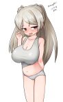  1girl absurdres arm_behind_back breasts brown_eyes casual_one-piece_swimsuit cleavage collarbone conte_di_cavour_(kancolle) dated feet_out_of_frame grey_hair grey_one-piece_swimsuit highres kantai_collection large_breasts long_hair maru_(marg0613) navel one-hour_drawing_challenge one-piece_swimsuit simple_background solo swimsuit tongue tongue_out twitter_username two_side_up white_background 