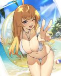  1girl absurdres ahoge antenna_hair beach bikini blonde_hair blue_sky blush bracelet breasts cleavage day green_eyes highres innertube jewelry kamome0ningen large_breasts long_hair looking_at_viewer navel ocean one_eye_closed open_mouth original outdoors sky smile solo stomach swimsuit v white_bikini 