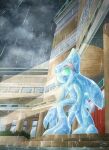  brain building chaos_(sonic) colored_sclera commission finik full_body green_sclera grey_sky highres rain scene_reference signature sky solo sonic_(series) sonic_adventure standing 