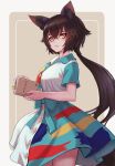  :&lt; animal_ears black_hair black_serval_(kemono_friends) blue_bow blue_dress blush book bookmark bow casual cat_ears cat_girl cat_tail collared_dress cowboy_shot dress hair_between_eyes highres japari_symbol kemono_friends kemono_friends_3 kosai_takayuki long_hair looking_at_viewer multicolored_clothes multicolored_dress official_alternate_costume ponytail red_dress sidelocks tail white_dress yellow_dress yellow_eyes 