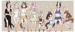  ! !! !? 6+girls ^_^ aged_down alternate_costume animal_ears asuka_(junerabitts) bare_shoulders bikini black_dress black_hair black_one-piece_swimsuit blue_bikini blue_hair border braid braided_bun brown_background brown_hair closed_eyes crown_braid dress ear_flower eyewear_on_head food frilled_bikini frills full_body gold_ship_(run_revolt_launcher)_(umamusume) gold_ship_(umamusume) hair_bun hair_down hair_ornament hairclip highres holding holding_food horse_ears horse_girl horse_tail long_hair looking_at_another mejiro_ardan_(umamusume) mejiro_bright_(umamusume) mejiro_dober_(umamusume) mejiro_family_(umamusume) mejiro_mcqueen_(ripple_fairlady)_(umamusume) mejiro_mcqueen_(umamusume) mejiro_palmer_(umamusume) mejiro_ramonu_(umamusume) mejiro_ryan_(umamusume) midriff multicolored_hair multiple_girls navel official_alternate_costume official_alternate_hairstyle one-piece_swimsuit pink_bikini ponytail purple_eyes purple_hair sandals seaweed short_hair shorts simple_background single_hair_bun streaked_hair sunglasses super_smashing_summer_vacation_(umamusume) swimsuit tail tinted_eyewear two-tone_hair umamusume water_gun white_border white_hair white_one-piece_swimsuit yakisoba yellow-framed_eyewear yellow_eyes yellow_shorts 