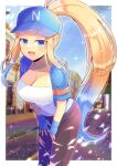  1girl :d baseball_cap blonde_hair blue_eyes blue_gloves blue_hair blue_headwear blue_jacket blue_sky blurry blurry_background blush breasts brown_pants building cleavage commentary_request commission cropped_jacket day depth_of_field fingerless_gloves gloves gradient_hair hat high_ponytail jacket kou_hiyoyo leaning_forward looking_at_viewer medium_breasts multicolored_hair open_clothes open_jacket original pants ponytail shirt short_sleeves sidelocks skeb_commission sky smile solo torn_clothes torn_pants white_shirt 