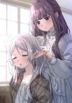  2girls black_jacket blush brushing_hair cheek_bulge closed_eyes collar collarbone dress ear_piercing fern_(sousou_no_frieren) frieren frilled_collar frills grey_hair hair_brush highres indoors jacket long_hair long_sleeves looking_at_another multiple_girls omichi_1219 open_mouth picture_frame piercing pointy_ears puffy_sleeves purple_eyes purple_hair sleepy sousou_no_frieren upper_body white_dress window 