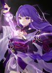  1girl absurdres blunt_bangs breasts cleavage cowboy_shot genshin_impact highres holding holding_sword holding_weapon lightning long_hair looking_at_viewer mole mole_under_eye parted_lips purple_eyes purple_hair purple_nails raiden_shogun sidelocks simple_background solo sword thunder uuu_ewokaku weapon 