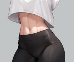  1girl abs black_pants bluefield close-up crop_top grey_background highres midriff navel navel_focus original pants shirt simple_background solo stomach_day toned white_shirt yoga_pants 