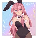  1girl animal_ears aqua_eyes black_leotard bow bowtie covered_navel cowboy_shot detached_collar fake_animal_ears gradient_background highres leotard light_smile long_hair looking_at_viewer megurine_luka pantyhose pink_hair pisskun playboy_bunny rabbit_ears solo strapless strapless_leotard very_long_hair vocaloid wrist_cuffs 