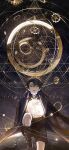  1boy aged_down black_hair black_jacket blackbox_(blackbox9158) boots clockwork earth_(planet) expressionless foot_out_of_frame full_moon gears highres holding_moon jacket kneehighs korean_commentary looking_at_viewer male_focus moon omniscient_reader&#039;s_viewpoint planet short_hair shorts socks solo starry_background straight-on yoo_joonghyuk 