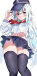  1girl anchor_symbol black_thighhighs blue_eyes calin commentary_request flat_cap hat hibiki_(kancolle) highres kantai_collection long_hair looking_at_viewer navel school_uniform serafuku simple_background solo thighhighs white_hair 