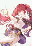  1girl alternate_costume atoatto bare_shoulders blush breasts bridal_gauntlets closed_eyes commentary_request commission cosplay fire_emblem fire_emblem_awakening fire_emblem_heroes floating_hair flower hair_between_eyes hair_flower hair_ornament long_hair medium_breasts open_mouth petals red_flower red_hair robin_(female)_(fire_emblem) robin_(female)_(fire_emblem)_(cosplay) robin_(female)_(valentine)_(fire_emblem) robin_(fire_emblem) severa_(fire_emblem) simple_background skeb_commission smile solo twintails twitter_username very_long_hair white_background 