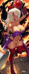  1girl breasts cleavage fire gloves grin hair_over_one_eye highres holding large_breasts legs long_hair navel octopus purple_eyes purple_gloves red_thighhighs revenantart shantae shantae_(series) signature smile solo thighhighs white_hair 
